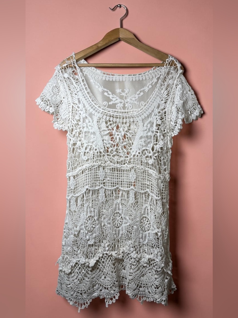 Ivory Crochet Lace Woman’s  Shirt/Mini Dress S/M Coquette Summer Party Guest